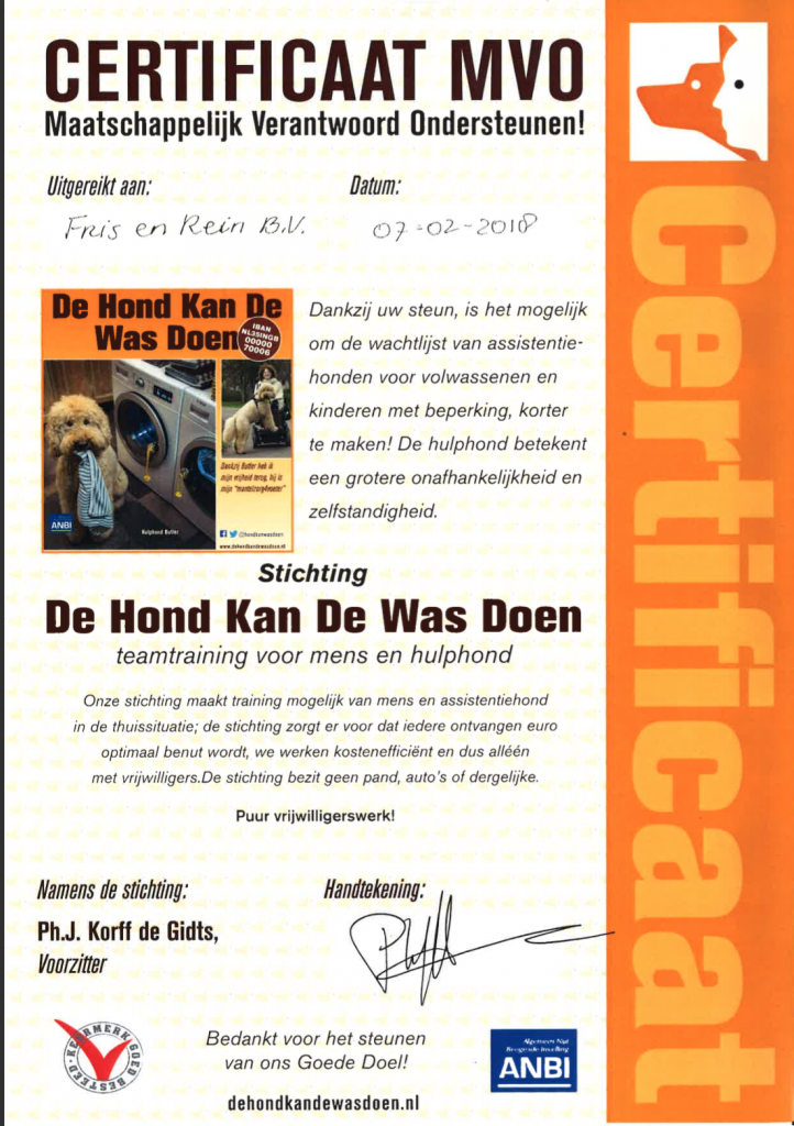 Certificaat MVO Stichting de hond kan de was doen